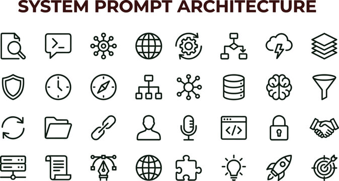 System prompt architecture outline icon set for analytics dashboards applications interfaces workflow automation cloud integration and digital technology platforms