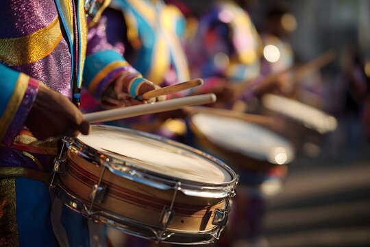 Carnival Drummers Playing Snare Drum in Colorful Costume, Festival Parade Close Up