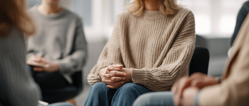 Mental health support group therapy session woman anxiety wellness workshop discussion circle casual clothing empathy
