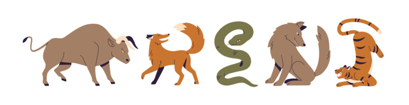 Wild animals, beasts set. Forest fauna, predators walking, attacking. Fierce buffalo bull, fox, snake serpent, evil wolf, aggressive tiger. Flat vector illustrations isolated on white background