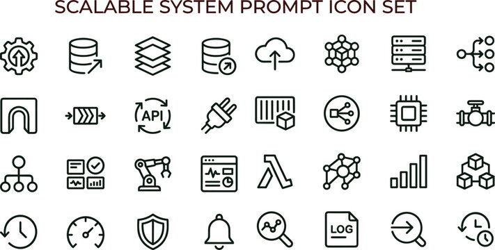 Scalable system prompt outline icon set for analytics dashboards applications interfaces cloud infrastructure workflow automation and digital technology platforms