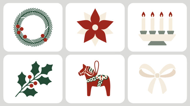 A cheerful flat design collection of traditional christmas icons, including a wreath, poinsettia, candles, holly, dala horse, and festive bow.
