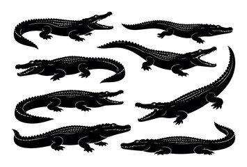 Fototapeta premium Alligator and crocodile black silhouettes isolated on white, showcasing various poses of these wild reptiles