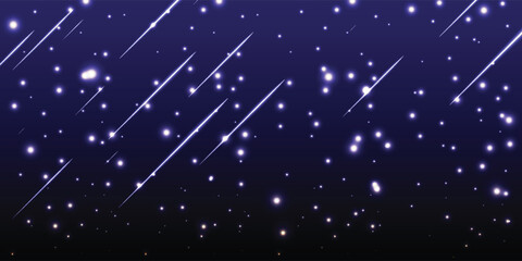 Creative starry night sky with shooting stars streaking across dark purple heavens, abstract space composition with glowing streaks, vector creative background © maseh