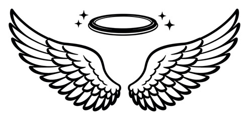Fototapeta premium Angel wings featuring a halo and twinkling stars, symbolizing spirituality, peace, heaven, and guardianship in outline illustration