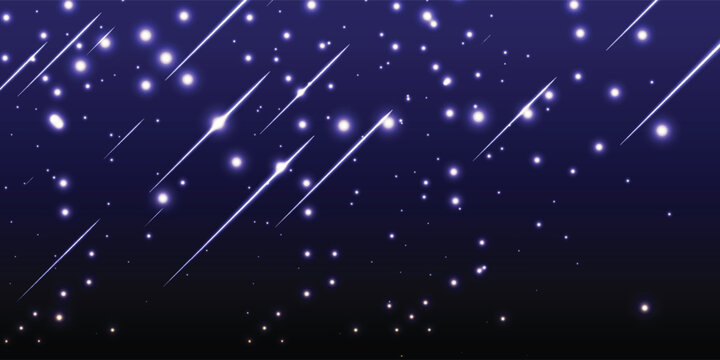 Minimalist starry night sky with shooting stars streaking across dark purple heavens, simple clean star pattern with subtle glow, eps10