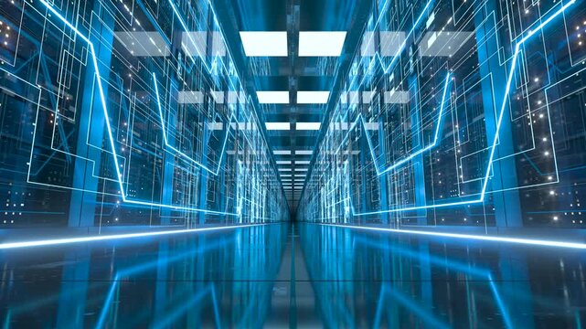 High-tech data center with server racks, supercomputers, and cloud infrastructure for big data and high-performance computing.

