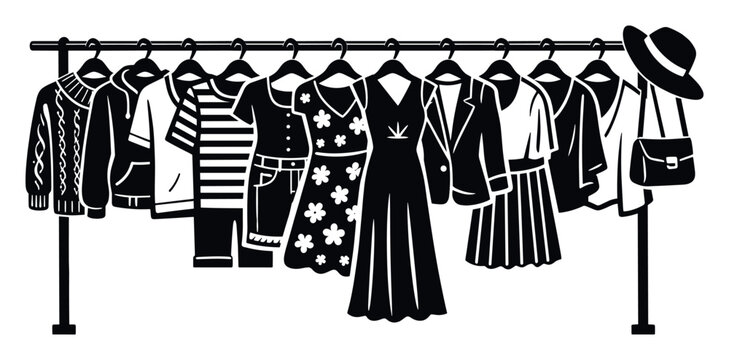 Apparel on a clothes rack, featuring men's and women's fashion items, including a hat and handbag