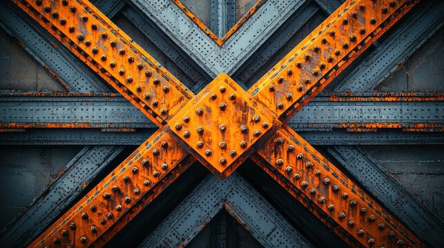 Historic American bridge geometric patterns weathered steel X-truss riveted construction industrial architecture orange rust patina structural engineering details