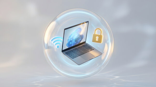 Laptop with security symbols for wifi and padlock on screen in a circle