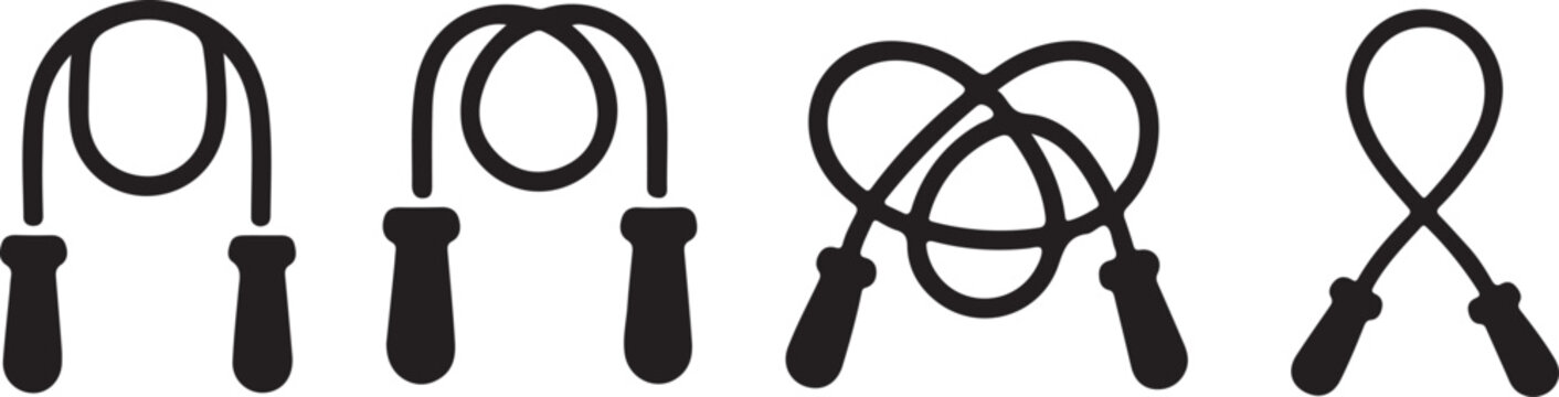 Four black silhouette jump ropes with handles arranged in a row