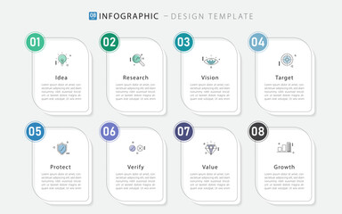Naklejka premium Timeline Creator infographic template. 8 Step timeline journey, calendar Flat simple infographics design template. presentation graph. Business concept with 8 options, gantt vector illustration.
