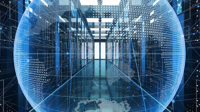 High-tech data center with server racks, supercomputers, and cloud infrastructure for big data and high-performance computing.

