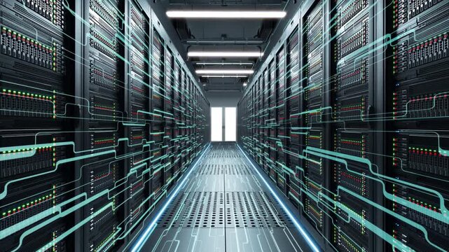 High-tech data center with server racks, supercomputers, and cloud infrastructure for big data and high-performance computing.

