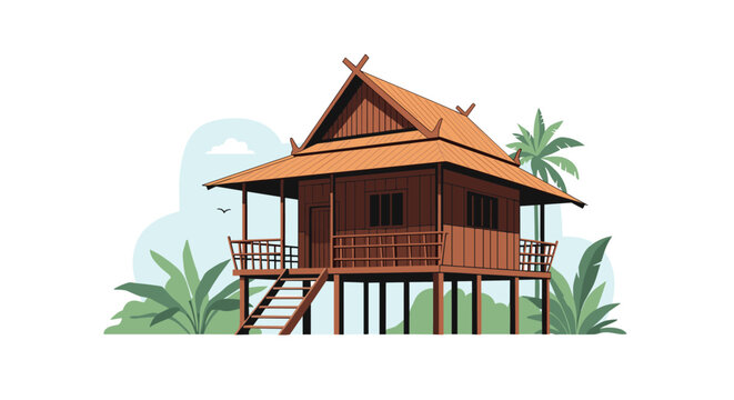 Traditional wooden house on stilts with orange roof and tropical plants on white background for architectural or travel themes.
