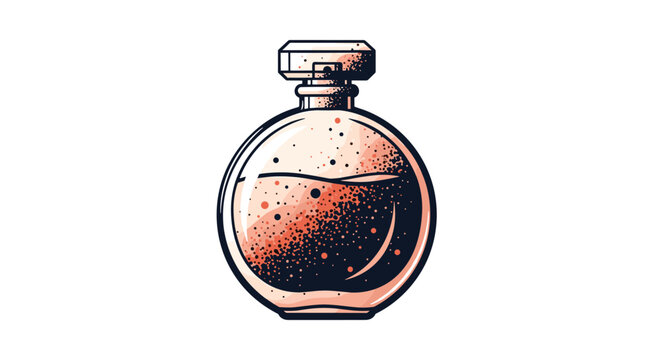 Elegant round perfume bottle with decorative spray head and liquid inside on white background for fragrance themes.