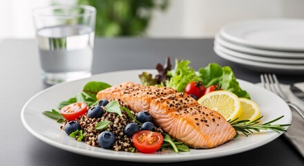 Freshly Prepared Salmon Fillet on a Bed of Mixed Greens with Berries and Lemon Slices for Healthy Gourmet Meal Presentation in a Modern Dining Setting