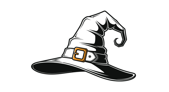 Vintage style black and white illustration of a pointed witch hat with a leather belt and a small orange buckle detail.