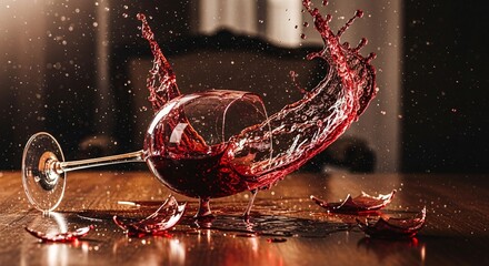 Dynamic image capturing a splash of red wine spilling from a glass onto a wooden surface creating motion and excitement in a sophisticated setting perfect for wine or beverage advertising