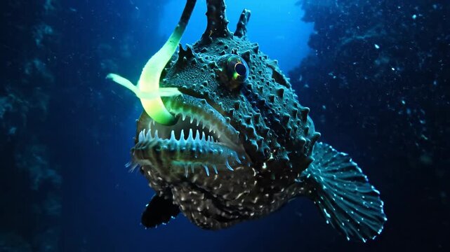Anglerfish with Bioluminescent Lure in the Deep Ocean