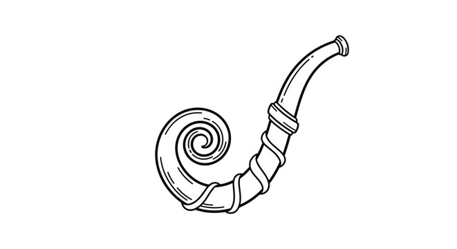 Black and white line drawing of a spiral-shaped horn with decorative rings and a wide mouthpiece on white background.