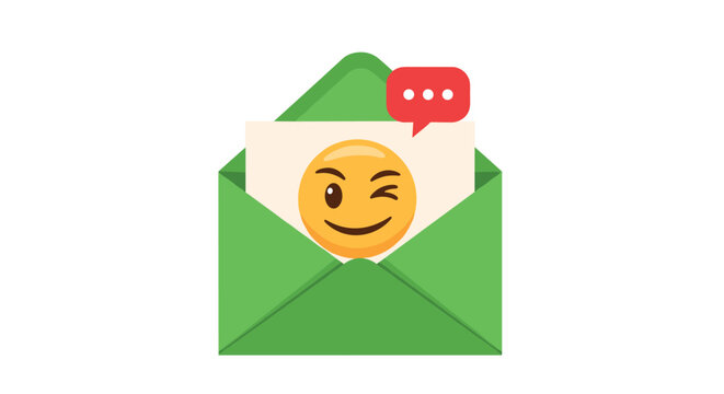 Green envelope opened to reveal a card with a winking yellow smiley face and a red speech bubble for messages.