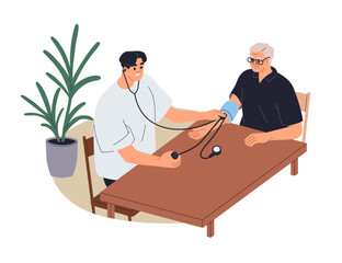Young man helping elderly old aged, measuring blood pressure. Checking, monitoring heart health, BP with tonometer, home care. Hypertension test. Flat vector illustration isolated on white background