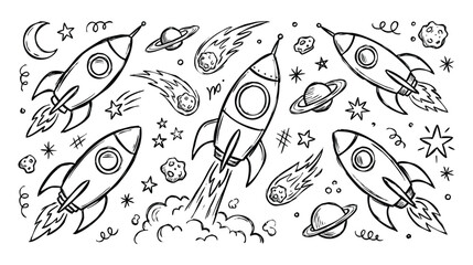 Retro Rocket Ship Doodle Set: Hand-Drawn Space Travel Icons with Planets, Stars, and Comets © Avartde