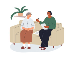 Fototapeta na wymiar Social worker helping, assisting elderly aged woman with paperwork, filling legal forms, support with documents. Female surveying old person. Flat vector illustration isolated on white background