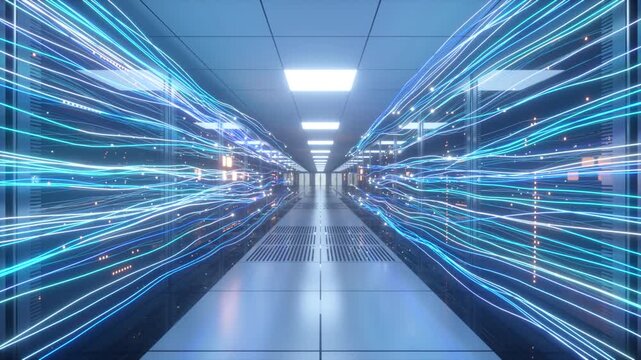 High-tech data center with server racks, supercomputers, and cloud infrastructure for big data and high-performance computing.

