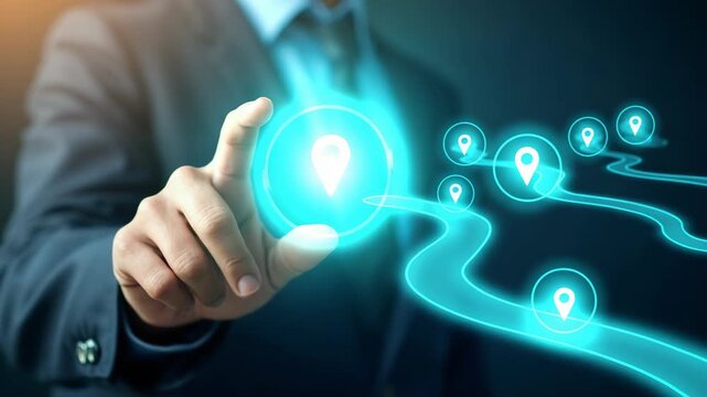 Business and Project Roadmap Concept. Touching on virtual screen with roadmap overlay representing steps in a project or strategic planning process. Waypoint icons and ends with goal achieve.