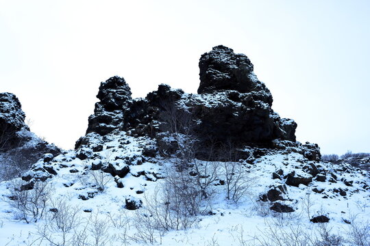 Lava field Dimmuborgir, an area with massive lava rock formations near Lake M&yacute;vatn in Sk&uacute;tusta&eth;ir, Iceland
