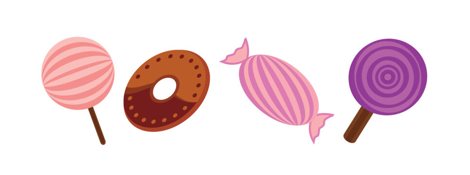 Set of Candies and Sweet in Vector Illustration. Includes wrapped candies, lollipops, gummies, and sweets designed with clean vector shapes.