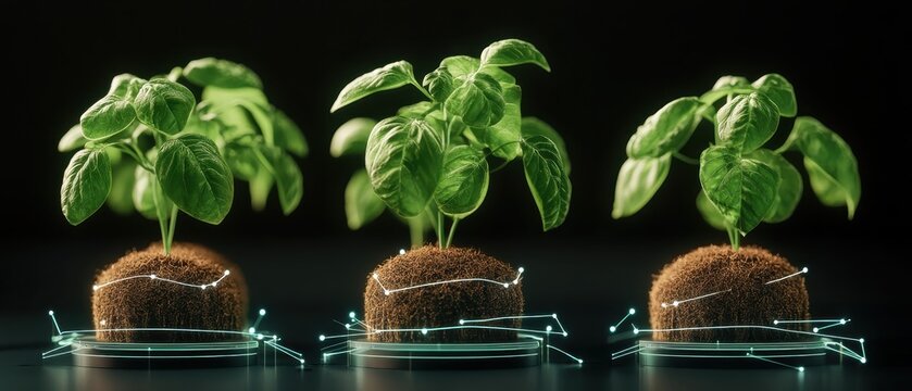 Green plants growing in soil spheres with digital network connections, representing futuristic urban agriculture.