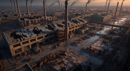 Fototapeta premium Aerial view of an extensive abandoned industrial factory complex with smokestacks and ruined buildings