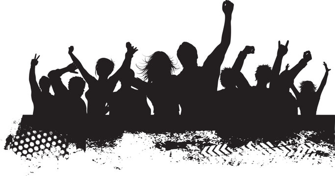 Vector silhouettes of a crowd of people dancing and cheering with hands up at a music concert or club party celebration festival illustration