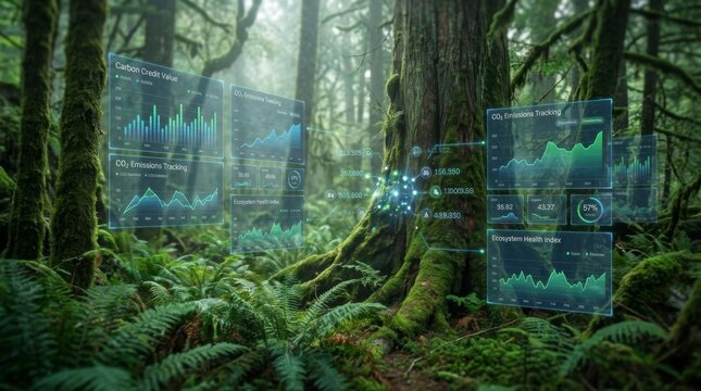 Advanced digital data visualization in a lush green forest representing sustainable ecosystem management climate change analytics and environmental monitoring technology for a greener future project