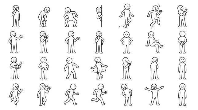 Cartoon people poses set in simple line art for various concepts