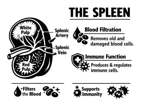 Spleen cross-section illustrating internal structures, splenic artery and vein, and key roles in filtering blood and regulating immune cells