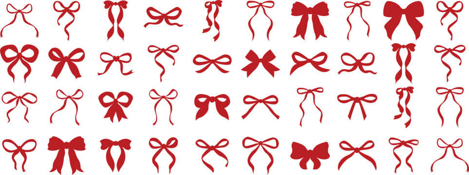 Ribbon with bow silhouette collection vector set in red color. 40+ trendy coquette aesthetic bows in various styles, perfect for Christmas, Valentine, fashion and gift designs.