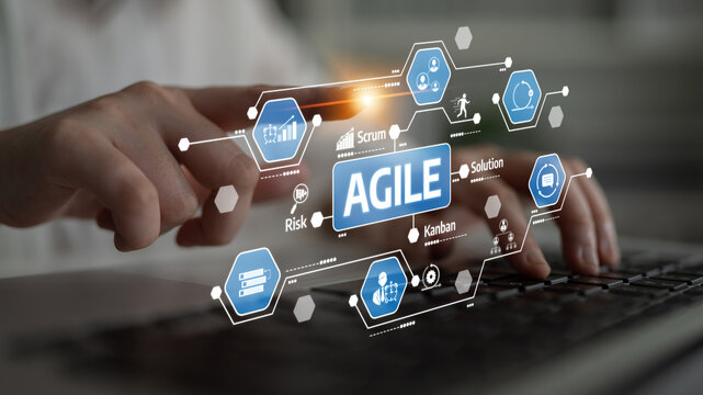 A business professional interacts with digital tools that showcase agile concepts like Scrum and Kanban, emphasizing teamwork and innovative project management strategies. Tessel