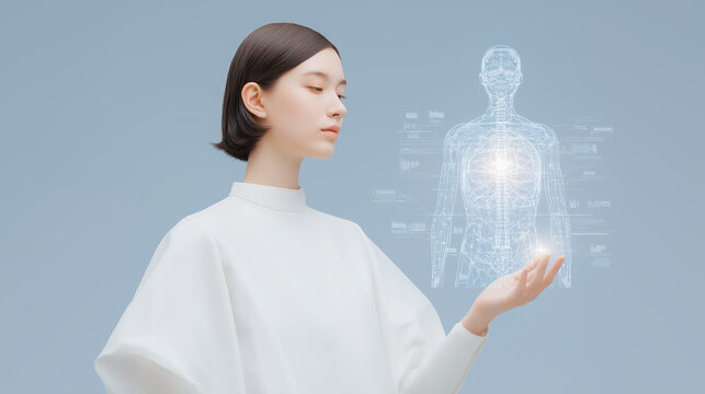 人体3DスキャンとDNAデータで最先端の健康管理する女性 / Korean woman analyzing holographic body scan, AI medical future technology
