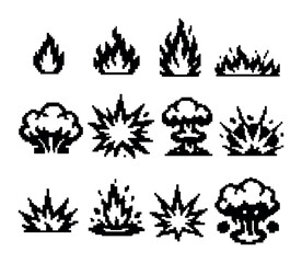 Fototapeta premium Pixel art fire and explosion effects, a retro collection for game design. Including flames, smoke, blast, boom, and atomic mushroom cloud