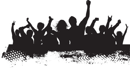 Vector illustration of a cheering crowd of people silhouettes dancing at a music concert festival or disco club party celebration © ARIEN