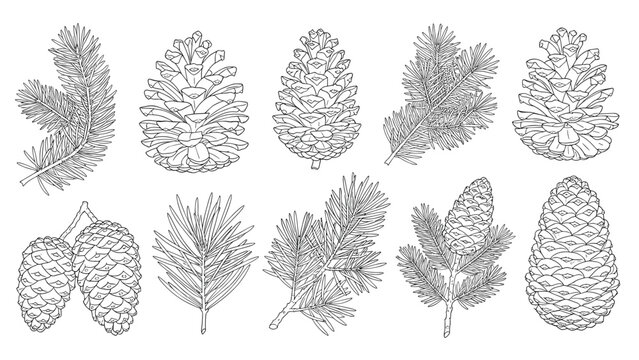 Comprehensive collection of various pine cone species and evergreen needle branches shown as detailed botanical sketches.