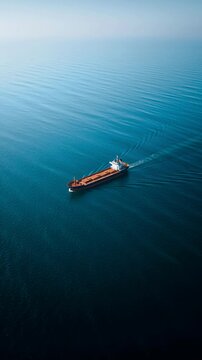 cargo ship in vast open ocean, tiny vessel against endless blue water and sky, strong sense of scale and isolation, Single ship sails calm, deep blue ocean. Sky fades gently from light to dark blue. 
