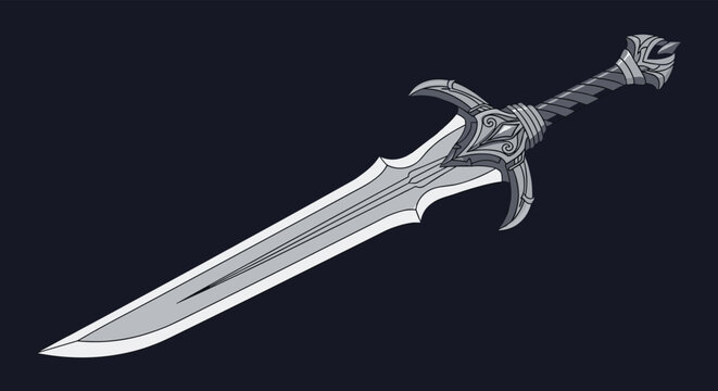 Intricate fantasy sword with a sharp silver blade and ornate hilt is shown diagonally against a dark background for gaming and rpg projects.