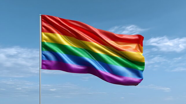 Vibrant Rainbow Flag Flying Against a Clear Blue Sky