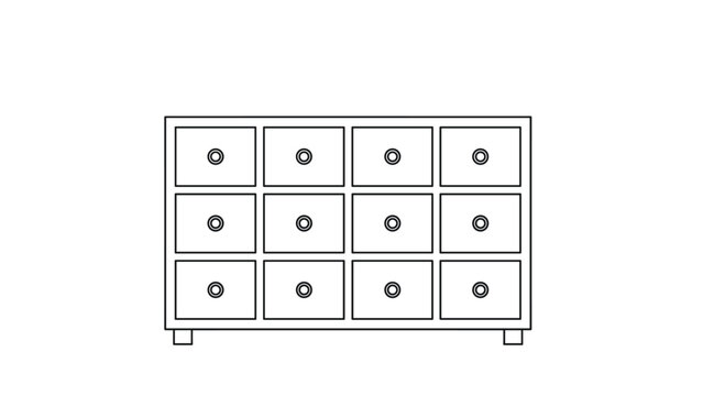 Functional wooden storage cabinet with twelve square drawers and round knobs shown as a clean black and white line art.