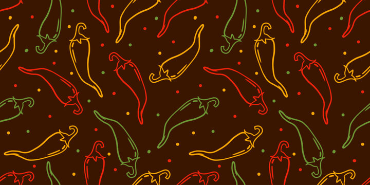 Hand drawn chili seamless background. Doodle line chilli pepper seamless pattern background